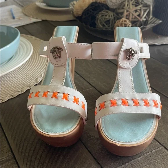 Versace Beige Leather Wood Platform Wedge - Picture 10 of 10